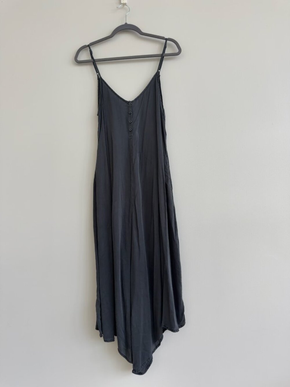 stone row Charcoal Gray Silk Blend Drop Crotch Jumpsuit Romper Adjustable Straps
